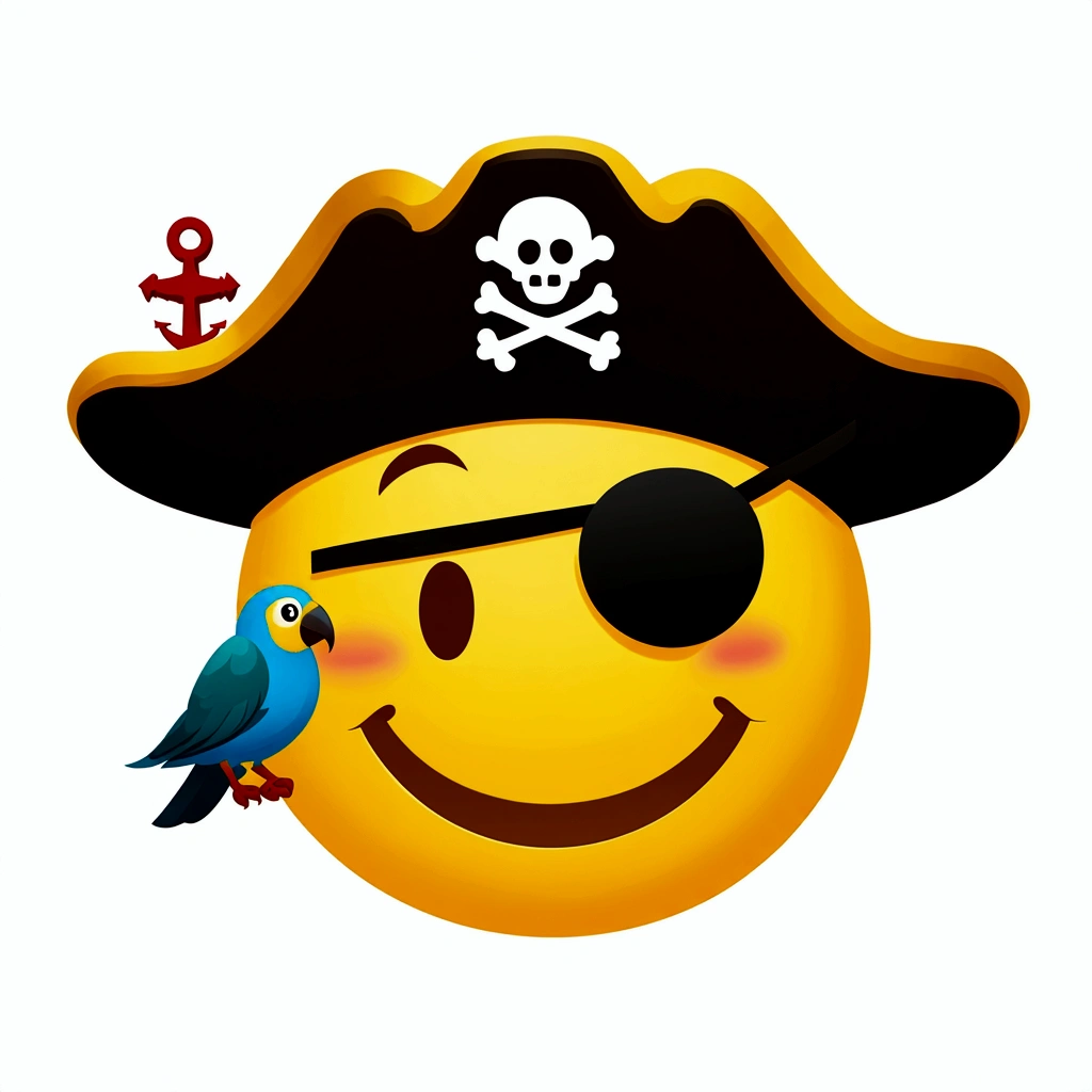 Emoji of a smiling face with a pirate hat and an eyepatch, a small parrot on the shoulder, and a tiny anchor symbol appearing next to it, cheerful and playful expression, simple and colorful design.