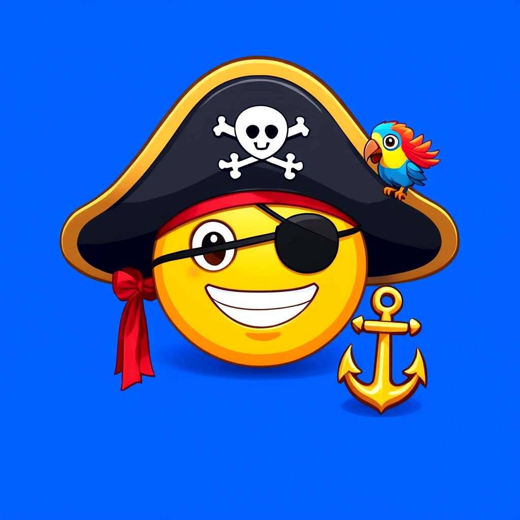 Emoji of a smiling face with a pirate hat and an eyepatch, a small parrot on the shoulder, and a tiny anchor symbol appearing next to it, cheerful and playful expression, simple and colorful design.
