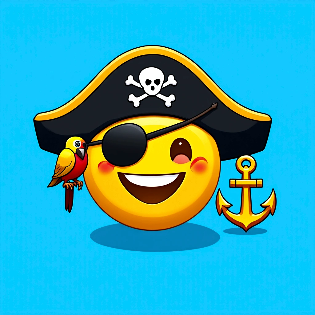 Emoji of a smiling face with a pirate hat and an eyepatch, a small parrot on the shoulder, and a tiny anchor symbol appearing next to it, cheerful and playful expression, simple and colorful design.