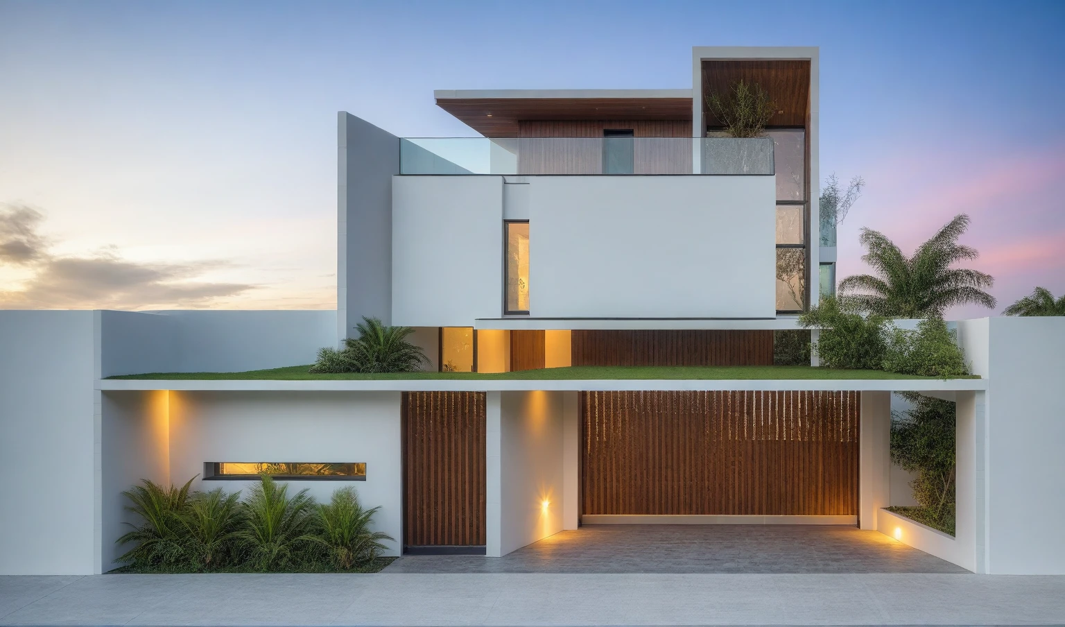 exterior house, contemporary style, white wall, wood wall, steel door, glass window, (realistic:1.2), Masterpiece, high quality, best quality, authentic, super detail, outdoors,road, trees, sky, cloud, (daylight:1.1), modern luxury villa, coconut trees, landscape, along the white beach, clear sky, day time, warm lighting RAW Photo, RAW texture, Super Realistic, 32K UHD, DSLR, soft lighting, high quality, film rating, Fujifilm XT3,Modern, Residential Architecture,  car in front of house