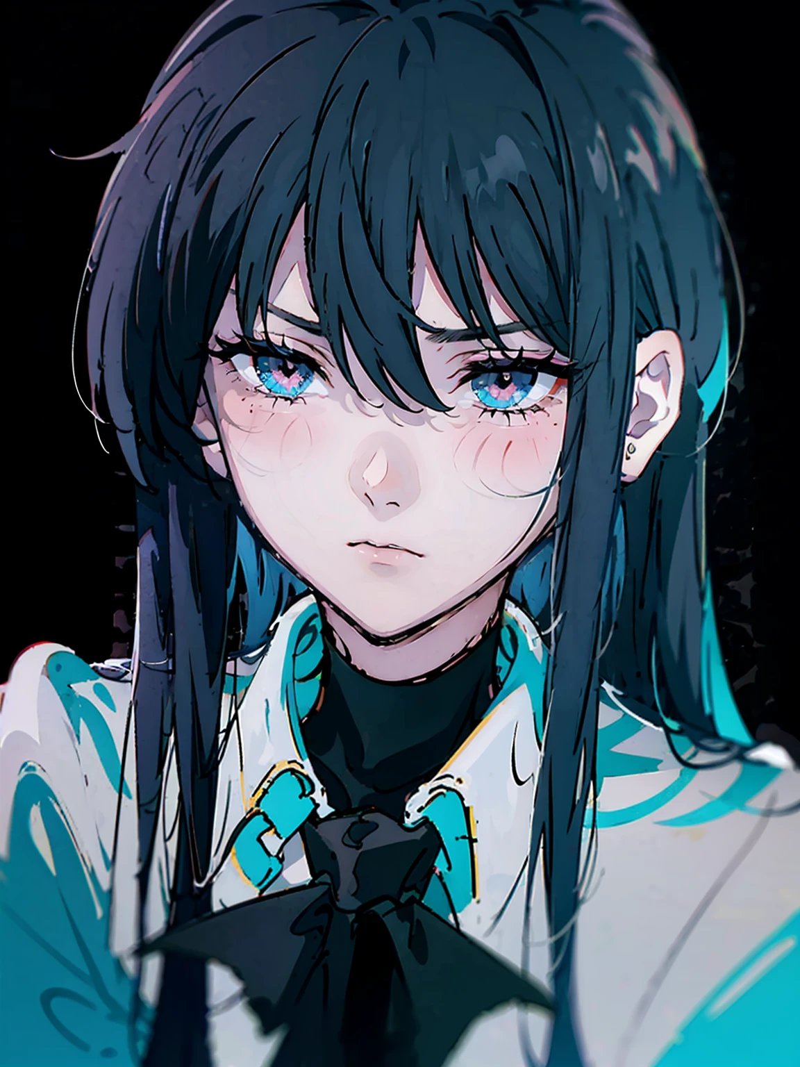 dark, masterpiece, Highest quality, 8K、、 (Unhealthy face:1.9, Red collar, Dark Eyes:1.5, Dark circles under the eyes, Yandere:1.5, Unhappy face, Lifeless face), Long hair in the eyes, Long Bangs, Eyes through the bangs, Big eyes,　Turquoise Eyes, Bust Shot, Dark atmosphere
