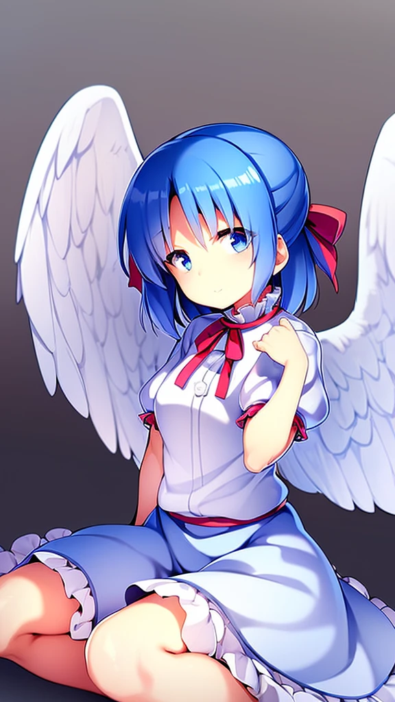 (best quality,4k,8k,highres,masterpiece:1.2), top-quality(masterpiece), top-quality, ultra-detailed, highly detailed texture, intricate details, high quality textures, A cute teenage angel with blue eyes, big pink ribbon in her hair, drawn in anime style, 1girl, (((1girl in))), , 10 years old, (((loli))), ((childish)), medium blue hair, hair flaps, pink ribbon on head, well-formed face, Beautiful face, blue eyes, pretty eyes, angel girl, white blouse, puffy short sleeves, red ribbon, angel wings, long white skirt, red shoes, frills, ribbon head, A pair of angel wings on the back, clean line drawings, cute, perfect symmetrical face, from behind, to lift up one’s skirt, cowboy shot, from front, standing , raise one leg, crossed arms, arms up behind, arms behind back, hand between legs, put hands hip, one hand on hip, forward hands, arms raised in the air, punch hands, peace sign, waving, put up index finger, sit, lie down, closed eyes, lie face down, looking back, put one hand chest, leaning forward, cleavage, close up, horizontally outstretched arms, horizontally outstretched legs, front view, front face, huge breasts for short stature, cleavage is clearly visible ,G-Cup