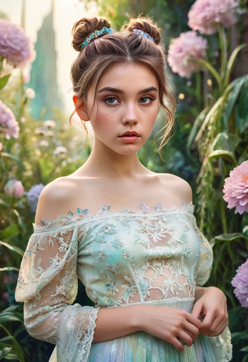 a cute woman, flowers in hair, airy sheer summer dress no underwear, barefoot, lounging in a field of flowers, moonlit night, playful seduction, 1 girl, detailed eyes, detailed lips, extremely detailed face, long eyelashes, beautiful, elegant, serene, photorealistic, 8k, masterpiece, cinematic lighting, vibrant colors, soft focus, dreamlike, ethereal, romantic