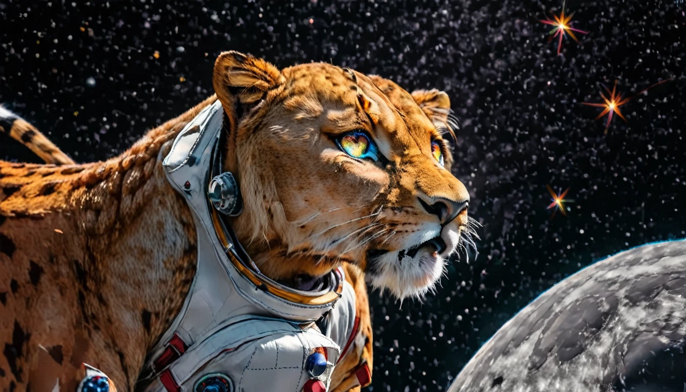 Arafed a picture of a anthomorph lion astronaut he stands on the moon (roaring: 1.3), open maw, mouth opened sense awe, sense of might, king of space, to space, an epic (anthomorph lion: 1.3), Ultra detailed head, open maw, best detailed head(wearing astronaut suit: 1.5), feline eyes, dynamic colors eyes, roaring as he stands on the moon roaring to space, the vastness of space above the king of space, many stars above him, vibrant, Ultra-high resolution, High Contrast, masterpiece:1.2, highest quality, Best aesthetics), best details, best quality, highres, ultra wide angle, 16k, [ultra detailed], masterpiece, best quality, (extremely detailed), Intense Gaze, Cinematic Hollywood Film, furry