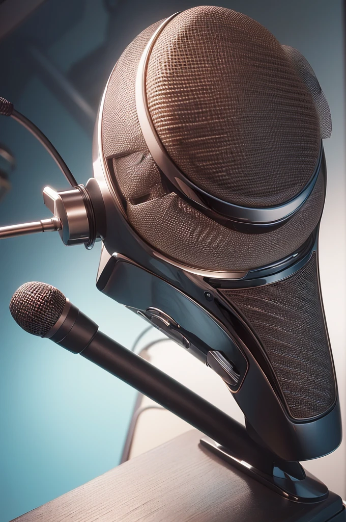 masterpiece, best quality, ultra-detailed, illustration,, recbooth, solo, microphone, headphones, realistic, brown hair, shirt, cable, white shirt, from behind, microphone, microphone stand,  