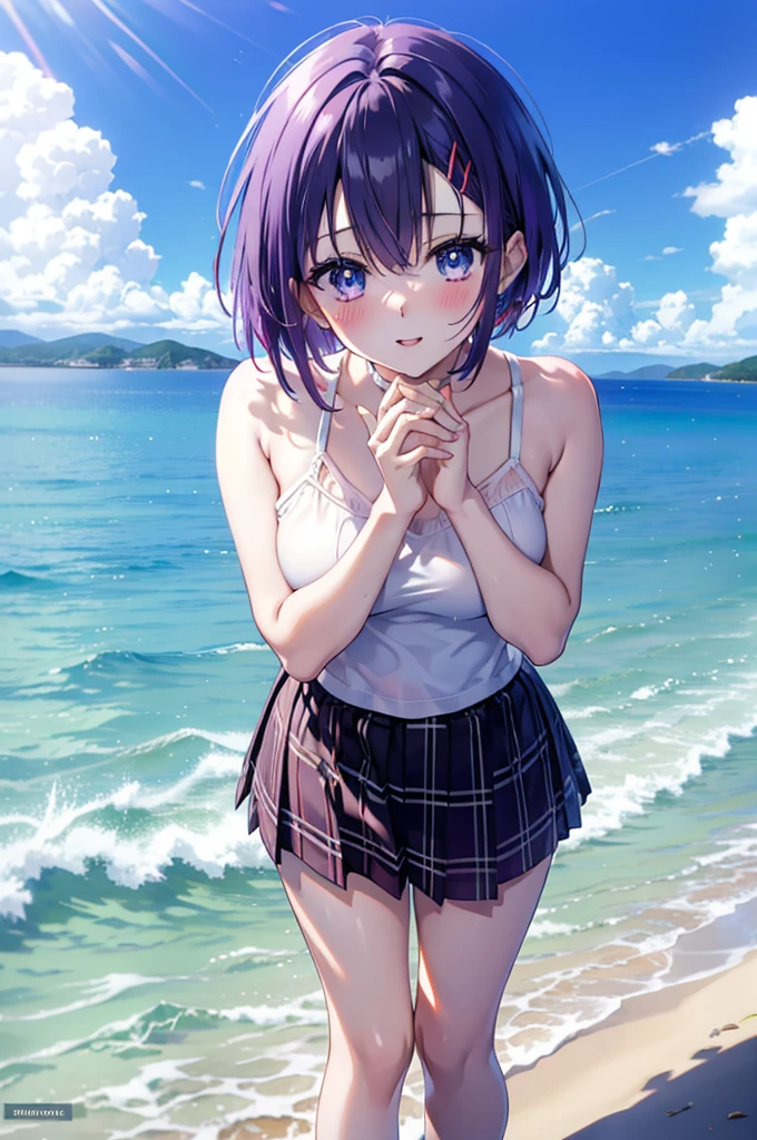 Harunasairenji, Haruna Sairenji, hair ornaments, (Purple eyes:1.1), Purple Hair, short hair, smile,blush,Open your mouth,White Tank Top,Long skirt,Cute Sandals,Standing with hands on knees,whole bodyがイラストに入るように,
break outdoors, Sandy Beach,Coastal Road,
break looking at viewer,whole body,
break (masterpiece:1.2), Highest quality, High resolution, unity 8k wallpaper, (shape:0.8), (Fine and beautiful eyes:1.6), Highly detailed face, Perfect lighting, Highly detailed CG, (Perfect hands, Perfect Anatomy),