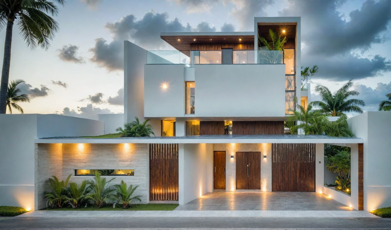 exterior house, contemporary style, white wall, wood wall, steel door, glass window, (realistic:1.2), Masterpiece, high quality, best quality, authentic, super detail, outdoors,road, trees, sky, cloud, (daylight:1.1), modern luxury villa, coconut trees, landscape, along the white beach, clear sky, day time, warm lighting RAW Photo, RAW texture, Super Realistic, 32K UHD, DSLR, soft lighting, high quality, film rating, Fujifilm XT3,Modern, Residential Architecture,  car in front of house