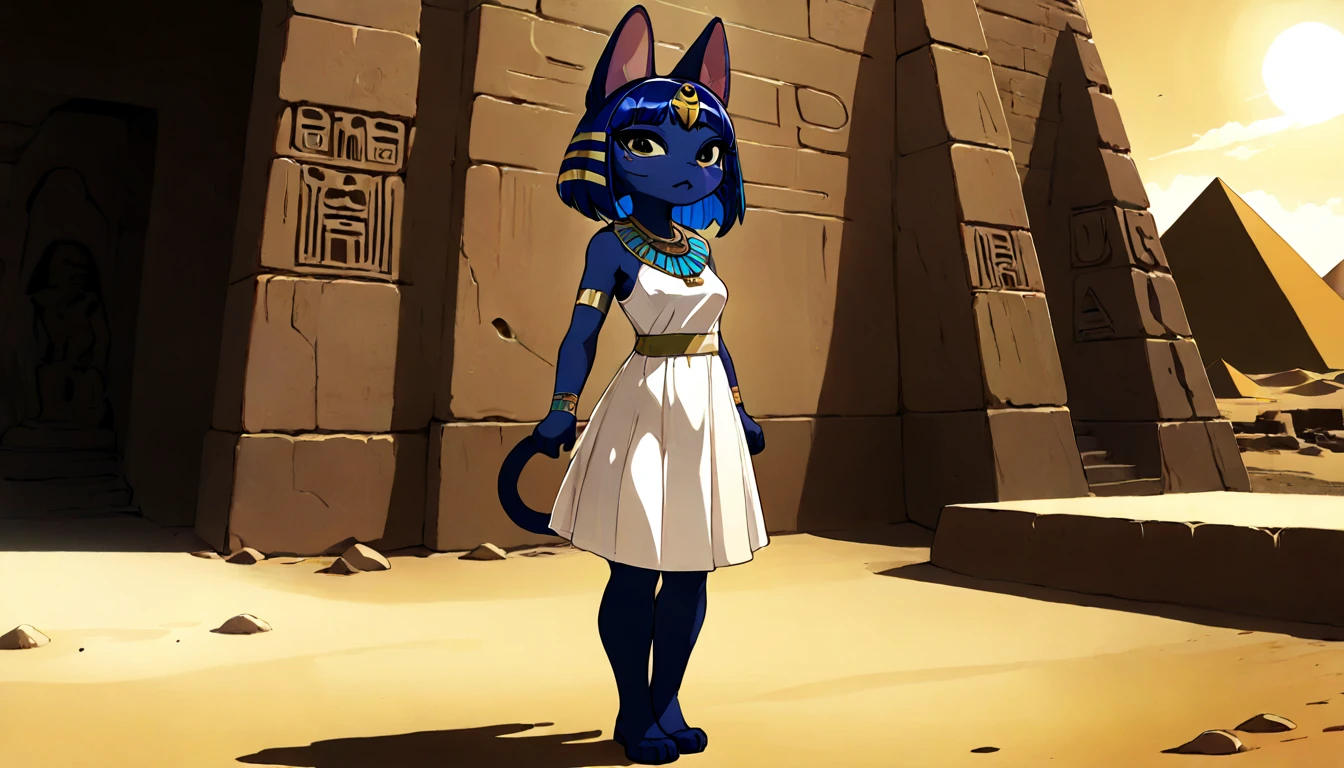 1girl，Artist Name，Egyptian cat，Blue Hair，skin，Keep your mouth shut，Wear，whole body，solo，Standing，猫Tail，Keep your mouth shut，Wear，Looking at the audience,Animal Crossing Furry, Blue Hair, Hair accessories, 黄skin, black eyes, White Dress, Tail, Egyptian Pyramids，mummy，Sunlight，sunny，(masterpiece), ((best quality), Detailed background, masterpiece, best quality, high quality, absurd, The award-winning, professional, Very detailed
