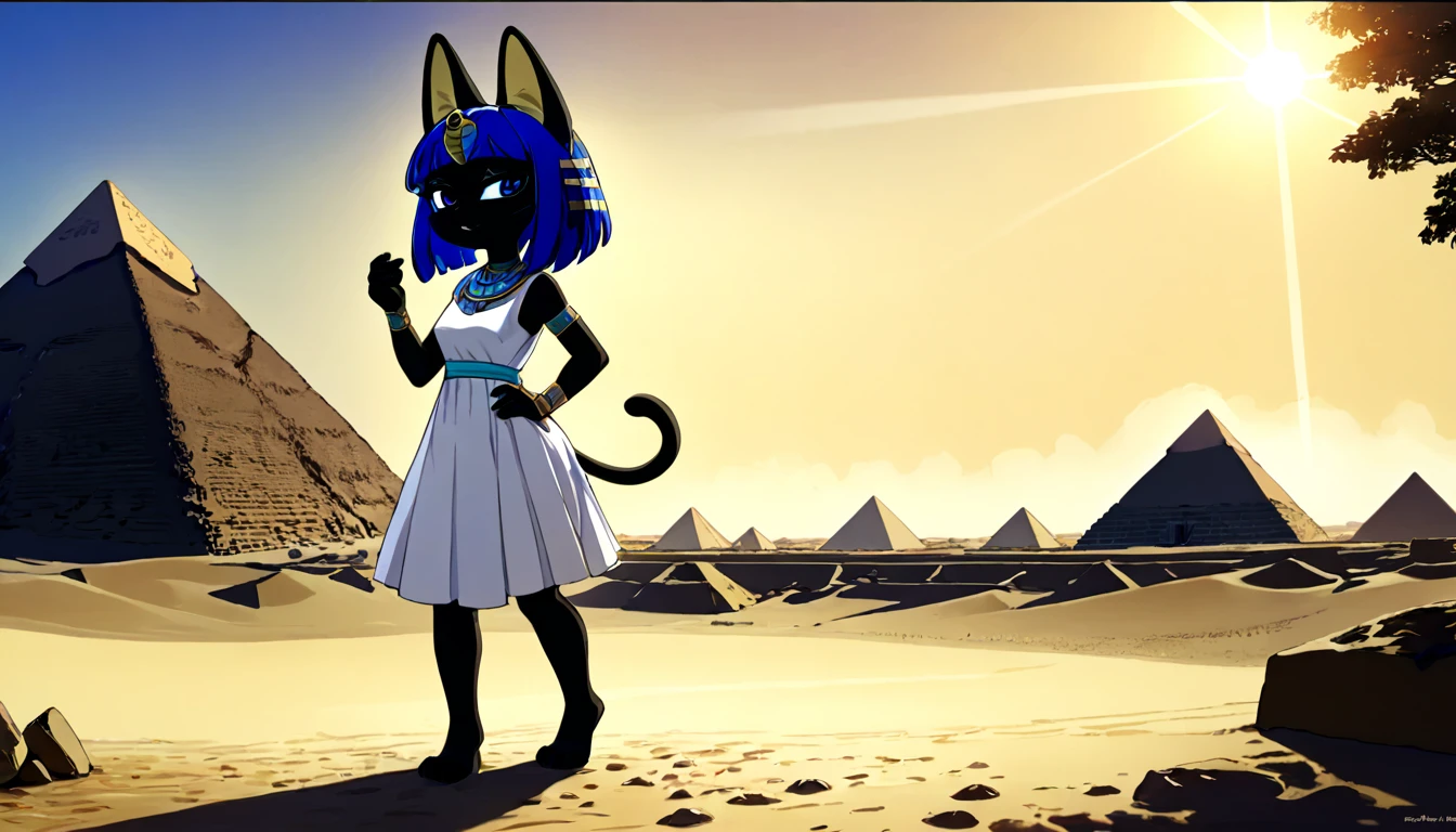 1girl，Artist Name，Egyptian cat，Blue Hair，skin，Keep your mouth shut，Wear，whole body，solo，Standing，猫Tail，Keep your mouth shut，Wear，Looking at the audience,Animal Crossing Furry, Blue Hair, Hair accessories, 黄skin, black eyes, White Dress, Tail, Egyptian Pyramids，mummy，Sunlight，sunny，(masterpiece), ((best quality), Detailed background, masterpiece, best quality, high quality, absurd, The award-winning, professional, Very detailed
