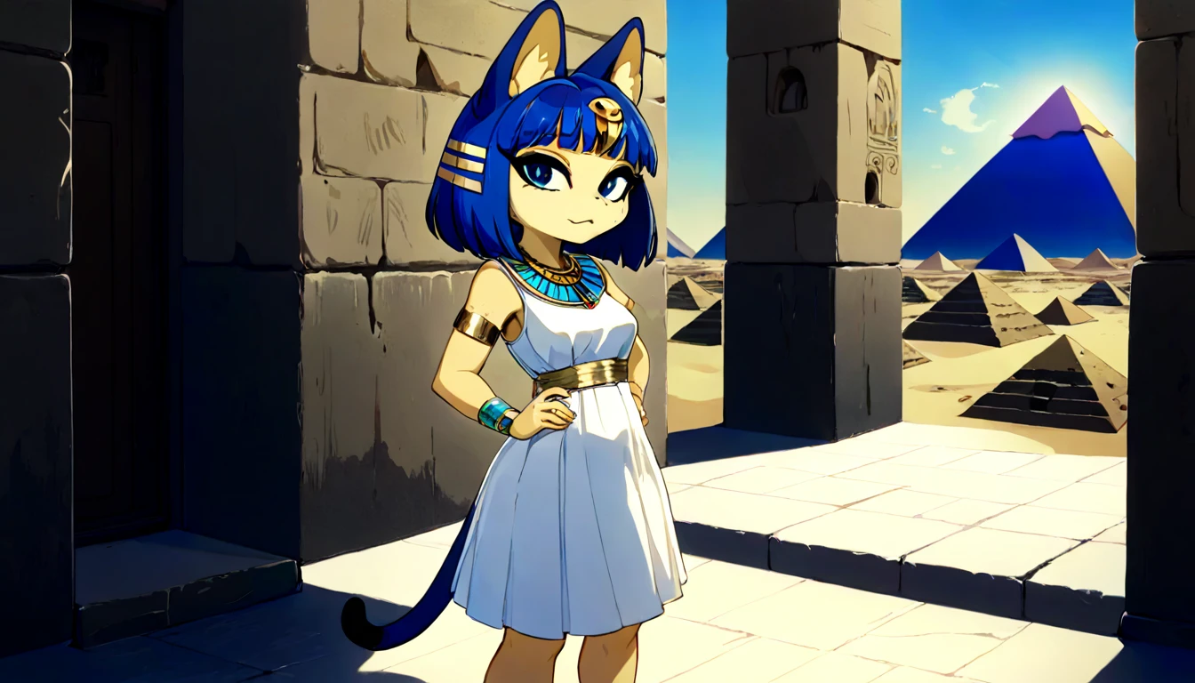 1girl，Artist Name，Egyptian cat，Blue Hair，skin，Keep your mouth shut，Wear，whole body，solo，Standing，猫Tail，Keep your mouth shut，Wear，Looking at the audience,Animal Crossing Furry, Blue Hair, Hair accessories, 黄skin, black eyes, White Dress, Tail, Egyptian Pyramids，mummy，Sunlight，sunny，(masterpiece), ((best quality), Detailed background, masterpiece, best quality, high quality, absurd, The award-winning, professional, Very detailed
