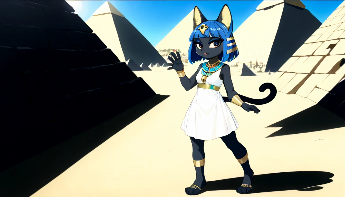 1girl，Artist Name，Egyptian cat，Blue Hair，skin，Keep your mouth shut，Wear，whole body，solo，Standing，猫Tail，Keep your mouth shut，Wear，Looking at the audience,Animal Crossing Furry, Blue Hair, Hair accessories, 黄skin, black eyes, White Dress, Tail, Egyptian Pyramids，mummy，Sunlight，sunny，(masterpiece), ((best quality), Detailed background, masterpiece, best quality, high quality, absurd, The award-winning, professional, Very detailed
