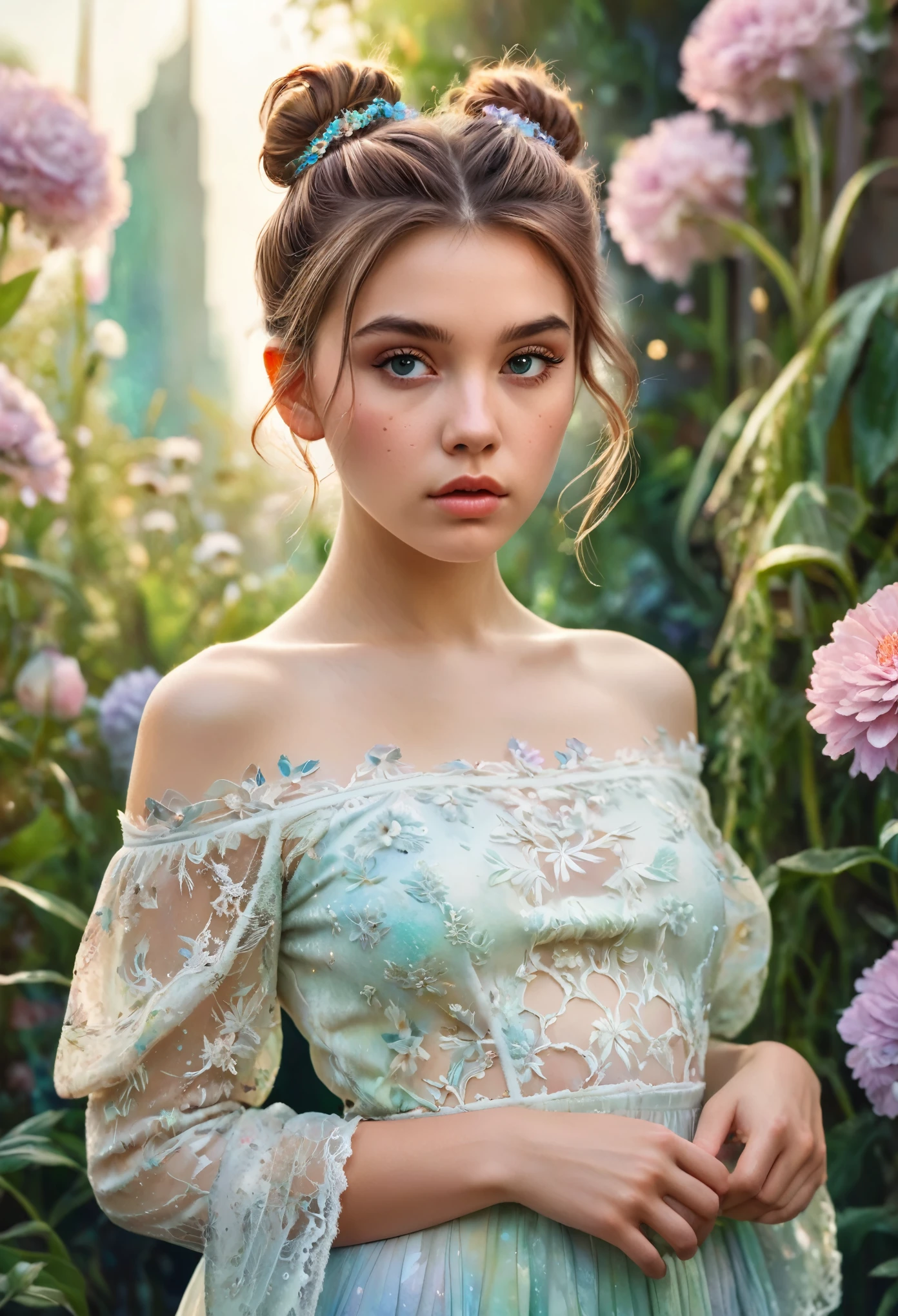 (Cinematic Photo:1.3) of (Realistic:1.3),(Cosy:1.3) beautiful  girl, (intricate light brown hair messy bun), highly detailed skin textures, lifelike skin texture, looking intimately directly at camera, (looking at viewer), pouting lips, Pastel, glitter, dramatic, dreamy, pastel flower garden, Watercolor, Whimsical, Delicate, Highly detailed, Intricate, digital painting, Fantasy theme, mini white lace top off the shoulder, showing stomach, Fantasy concept art, Fantasy character art, beautiful Teenage girect body, highly detailed full body shot, dreamy, pastel, Watercolor, Whimsical, Delicate, Highly detailed texture, life like texture, digital painting,Highly Detailed photograph,(Art Deco:1.3),(Photorealism:1.3),(Classical Realism:1.3),(Fujifilm Superia:1.3),naturalism, golden hour light