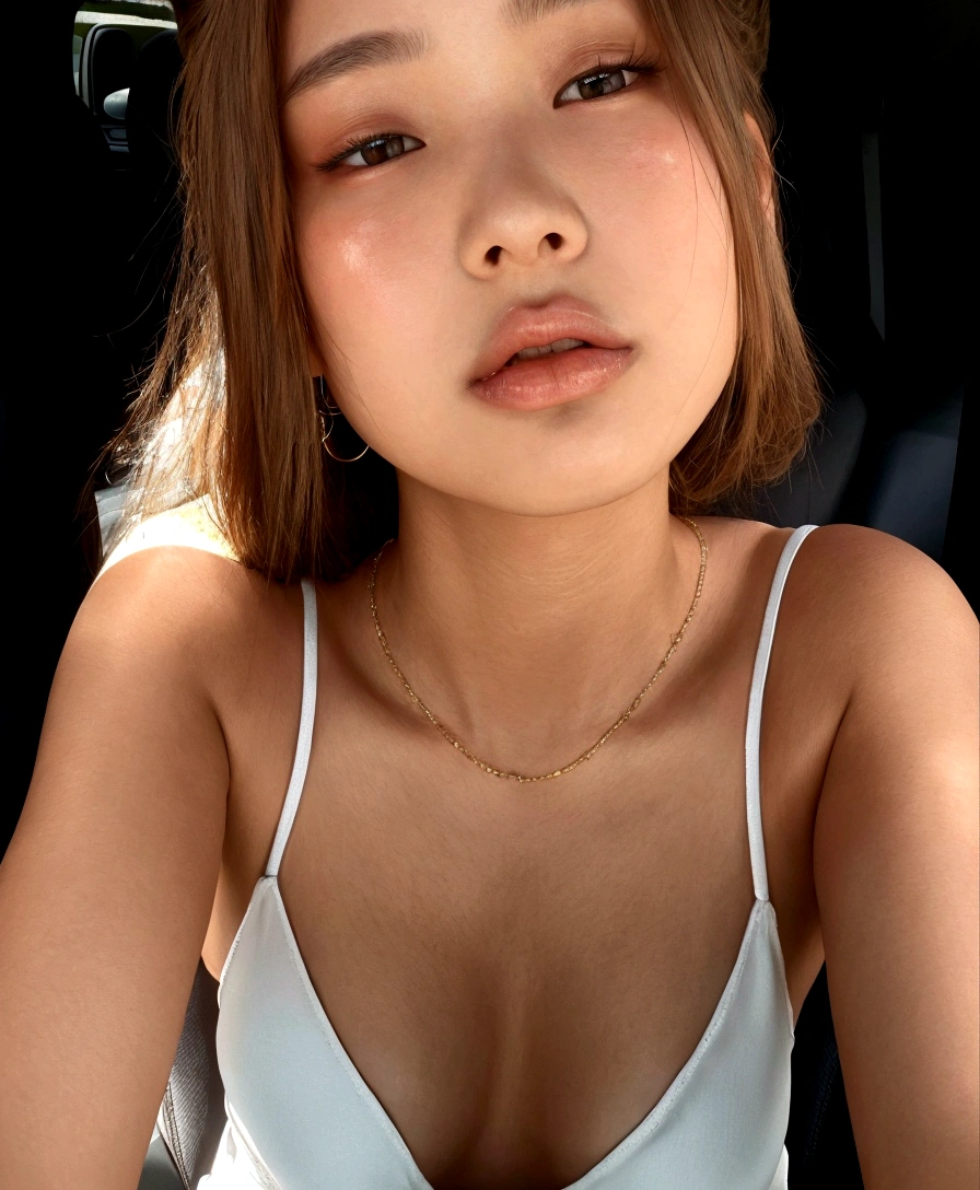 puffy woman in a car with a white tank top and a necklace, wearing a low-cut tank top, retrato sophie mudd, flat-chested, neck enlarged from the lips down, no-makeup, beautiful fine facial features, Jennie do Blackpink, Jennie Kim, low-cut top, fine lips, with very fine lips, olivia de bernardinis, sexy face, her skin is light brown