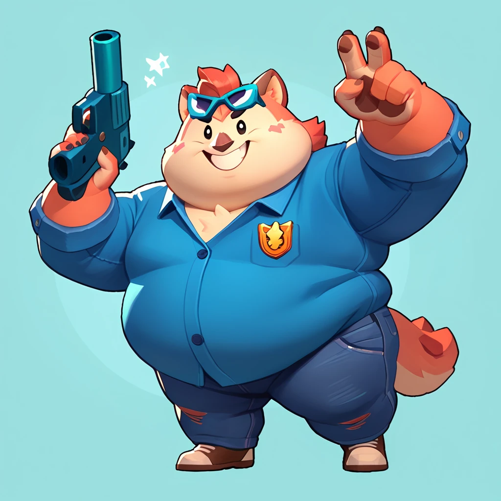 an obese anthropomorphic owl, wearing a blue polo shirt and jeans, carrying two blaster pistols, in a victory pose, smiling