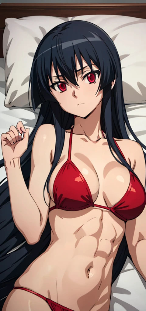 solo, 1girl, looking at viewer, 2D, anime, anime coloring, upper body, akame, bikini, abs, thin, slender, narrow waist, sleeveless, looking at viewer, closed mouth, solo, cowboy shot, lying, on back, on bed,