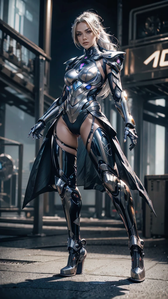 1girl, ultra realistic, ultra crisp, NVIDIA RTX, unreal engine, perfect slim body, realistic face, perfect face, realistic body, epic skin details, white hair, hair blown with strong winds, hyper rendering, ultra details, glowing eyes, purple eyes, blush, parted lips, cybernetic ear, cybernetic metalic hands, cybernetic metalic legs, luminous cybernetic futuristic metalic mechanical body, ultra realistic lights reflection details, ((full body shown)), from below, posing in the middle.