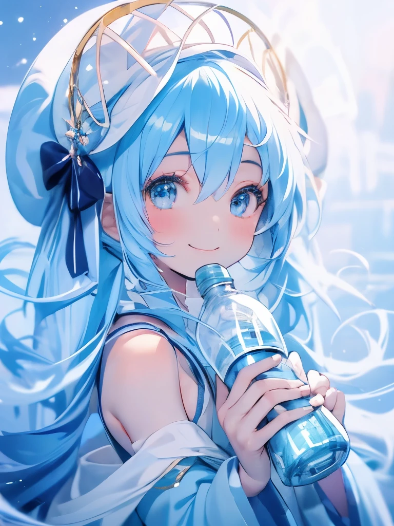 masterpiece、Hatsune Miku、Light blue hair、Long Hair、Blue ribbon、((White Hat))、white and blue dress、Sparkling eyes、smile、(((Holding a plastic bottle)))、Upper Body