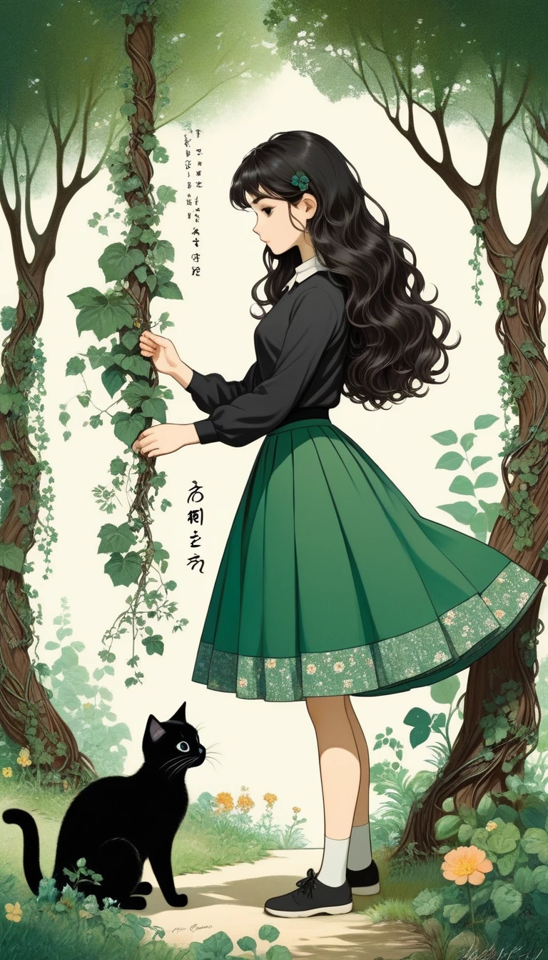 1 girl, solitary, long_hair, Black_hair, long_sleeve, skirt, Keep, Everlasting, closure_Eye, flower, artist_Name, signature, from_side, English_letter, Tree, contour, animal, Watermark, Wavy_hair, flower的_Print, Cat, plant, , nature, internet_adskirt, forest, curly_hair, green_skirt, vine