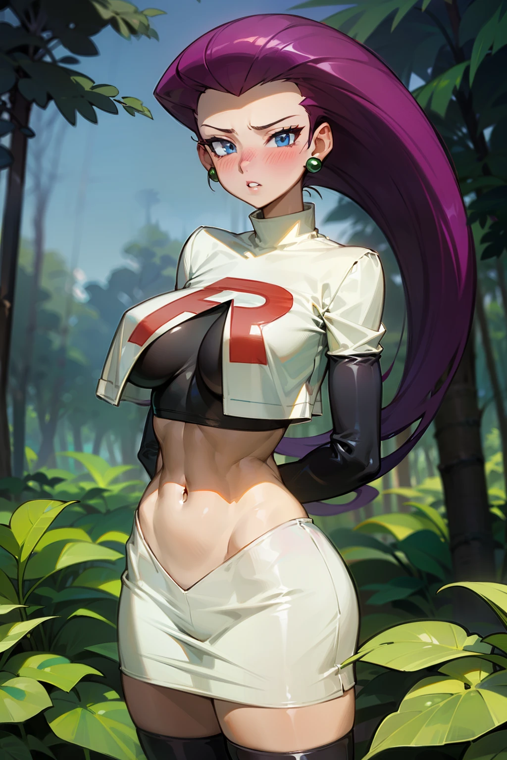 (Masterpiece), Best Quality, ultra-detailed, 1girl (jessie pokemon, Big and pretty breasts, naked body, purple hair, long hair,blue eyes, half-closed eyes),evil face, smirk, parted lips, head tilt, mascara, full makeup, black eyeshadow, red lipstick, solo, nude, team rocket ,team rocket uniform ,white skirt, ultra mini skirt, navel, bare breasts, nude,elbow gloves, in the forest, standing, Sexy waist teasing