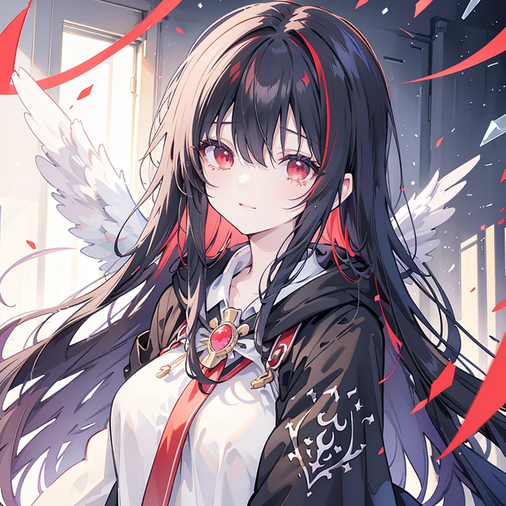 (((Fantasy　Black Hair　Dye the inside of your hair red　Long Hair　Dull red eyes　Cat ear　Beastman　Pad)))　((I have a crystal　uniform　Put on a coat without putting your arms through it　Wings many times larger than mine　Center close-up))　((Smile　gloves))　(Light　star)　Catch the wind　Shining Background　Lightの粒子, rainbow colored edges