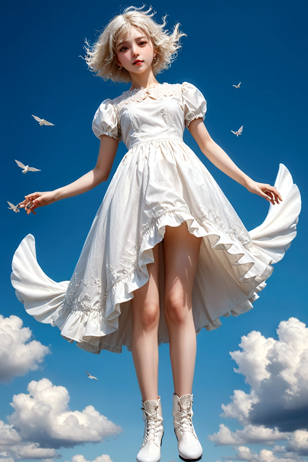 woman floating in the Blue sky, full body, full body, full body, BJD, doll joints, doll joints, doll joints, Shiny white porcelain body, pure white porcelain hard skin, Wings are sprouting from the boots, white short hair, white long dress, European features, The ball-jointed doll is modeled after a 18-year-old woman, Large eyes, thin and haggard face, beautiful detailed face, face without makeup, slender limbs, wide angle lens, A fantastic and aesthetic image, from below, beautiful artwork, High-definition, 4k, 8k,
