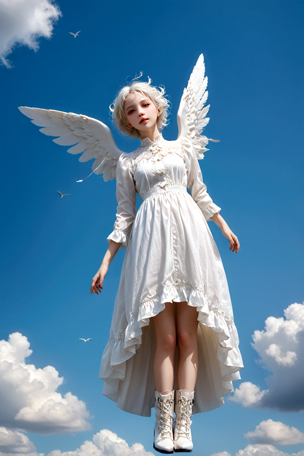 woman floating in the Blue sky, full body, full body, full body, BJD, doll joints, doll joints, doll joints, Shiny white porcelain body, pure white porcelain hard skin, Wings, boots, white short hair, white long dress, European features, The ball-jointed doll is modeled after a 18-year-old woman, Large eyes, thin and haggard face, beautiful detailed face, face without makeup, slender limbs, wide angle lens, A fantastic and aesthetic image, from below, beautiful artwork, High-definition, 4k, 8k, 