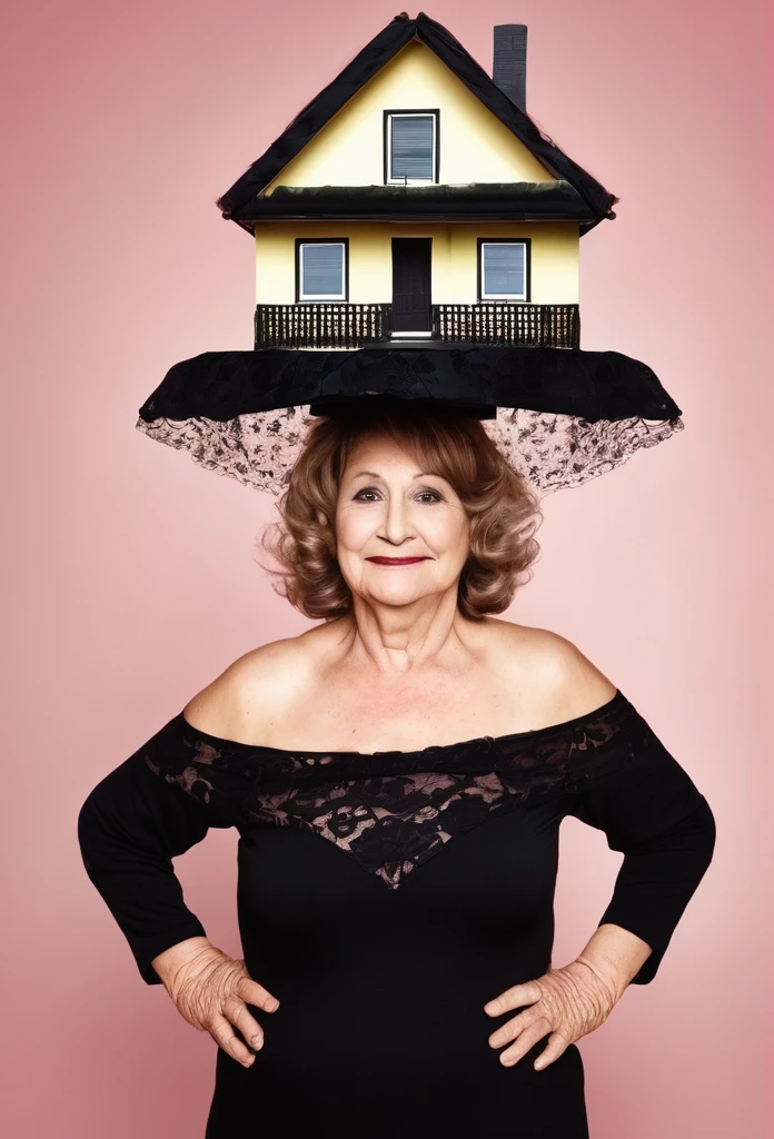 A mature lady holding a house  on her head dressed in lingerie