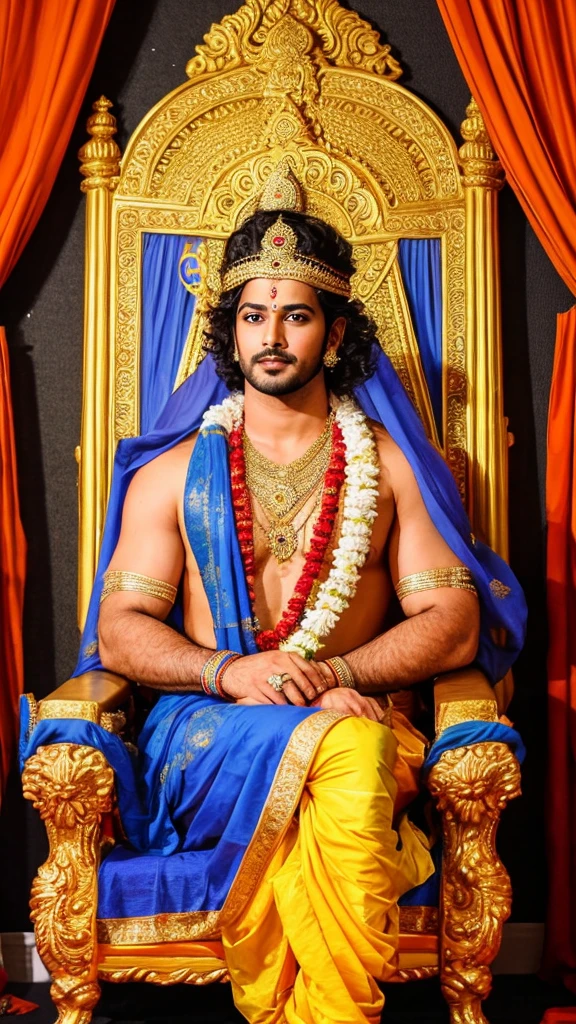 A sexy indian man dressed as lord krishna,, handsome face ,long curly black hair , sitting on a throne 