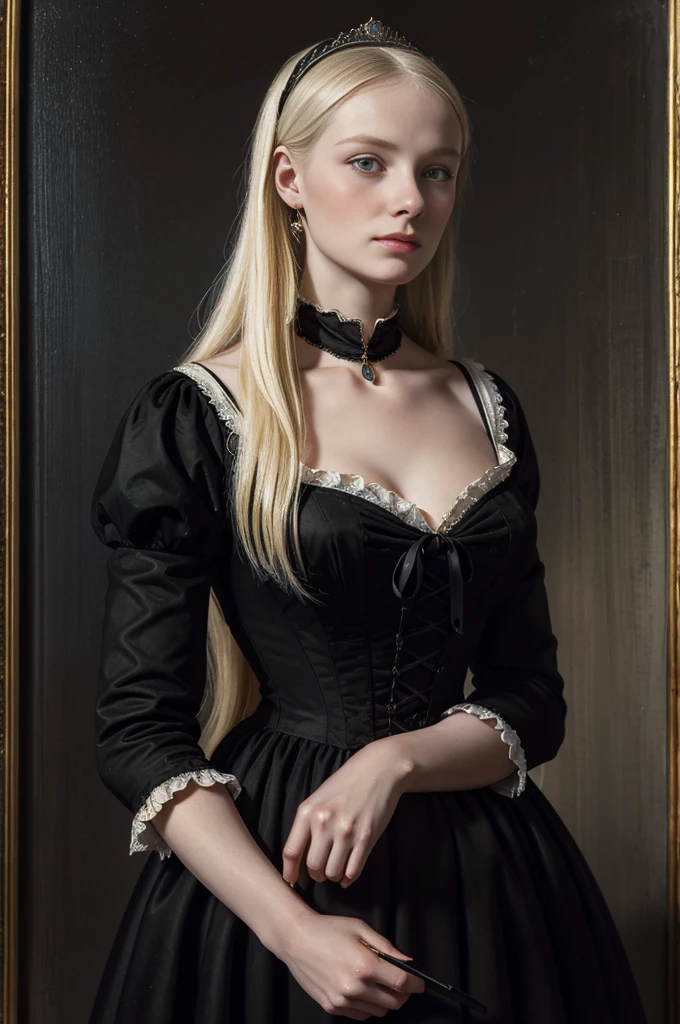 a painting of a blonde woman in a black dress ,inspired by Friedrich von Amerling, florence nightingale, portrait of a mid 1 9 th century, victorian female portrait, hammershøi, 1 8 5 0 s style painting, portrait of a young women, portrait of young woman, 1 8 3 0 s style painting, portrait of a young woman