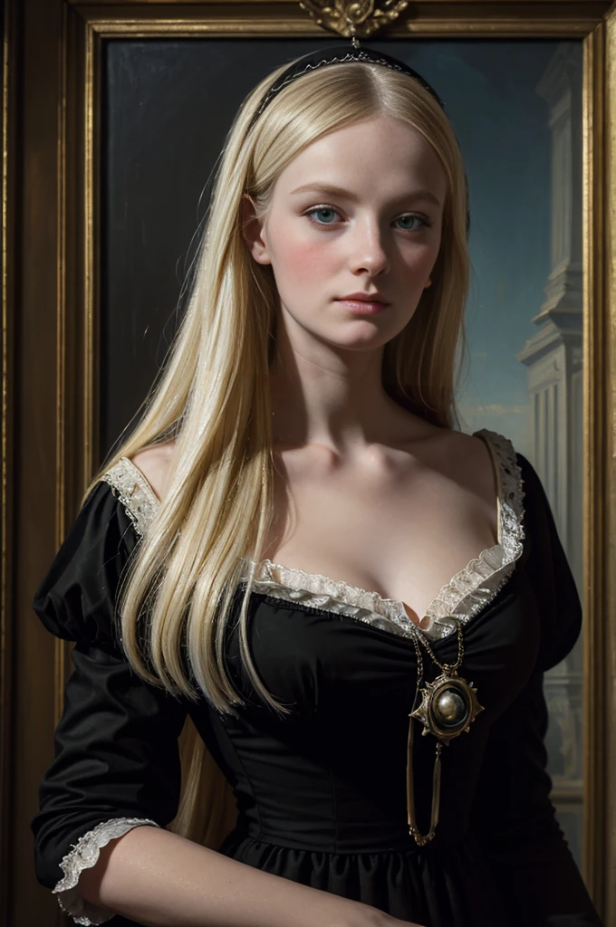 a painting of a blonde woman in a black dress ,inspired by Friedrich von Amerling, florence nightingale, portrait of a mid 1 9 th century, victorian female portrait, hammershøi, 1 8 5 0 s style painting, portrait of a young women, portrait of young woman, 1 8 3 0 s style painting, portrait of a young woman