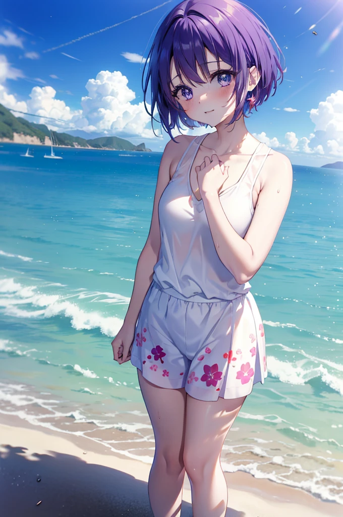 Harunasairenji, Haruna Sairenji, hair ornaments, (Purple eyes:1.1), Purple Hair, short hair, smile,blush,Open your mouth,White Tank Top,Long skirt,Cute Sandals,Standing with hands on knees,whole bodyがイラストに入るように,
break outdoors, Sandy Beach,Coastal Road,
break looking at viewer,whole body,
break (masterpiece:1.2), Highest quality, High resolution, unity 8k wallpaper, (shape:0.8), (Fine and beautiful eyes:1.6), Highly detailed face, Perfect lighting, Highly detailed CG, (Perfect hands, Perfect Anatomy),