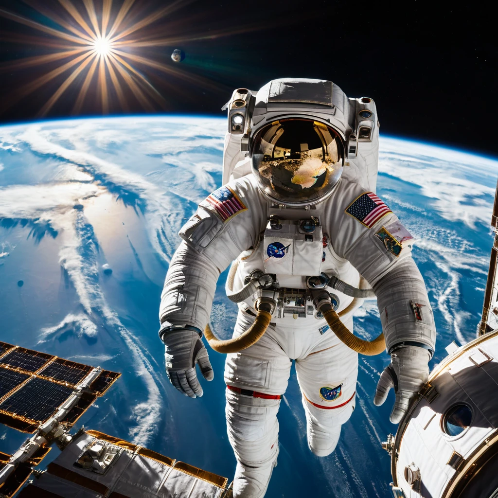 ((Top Quality)),((Masterpiece)), focused, Astronaut, ISS, earth, planet, sun