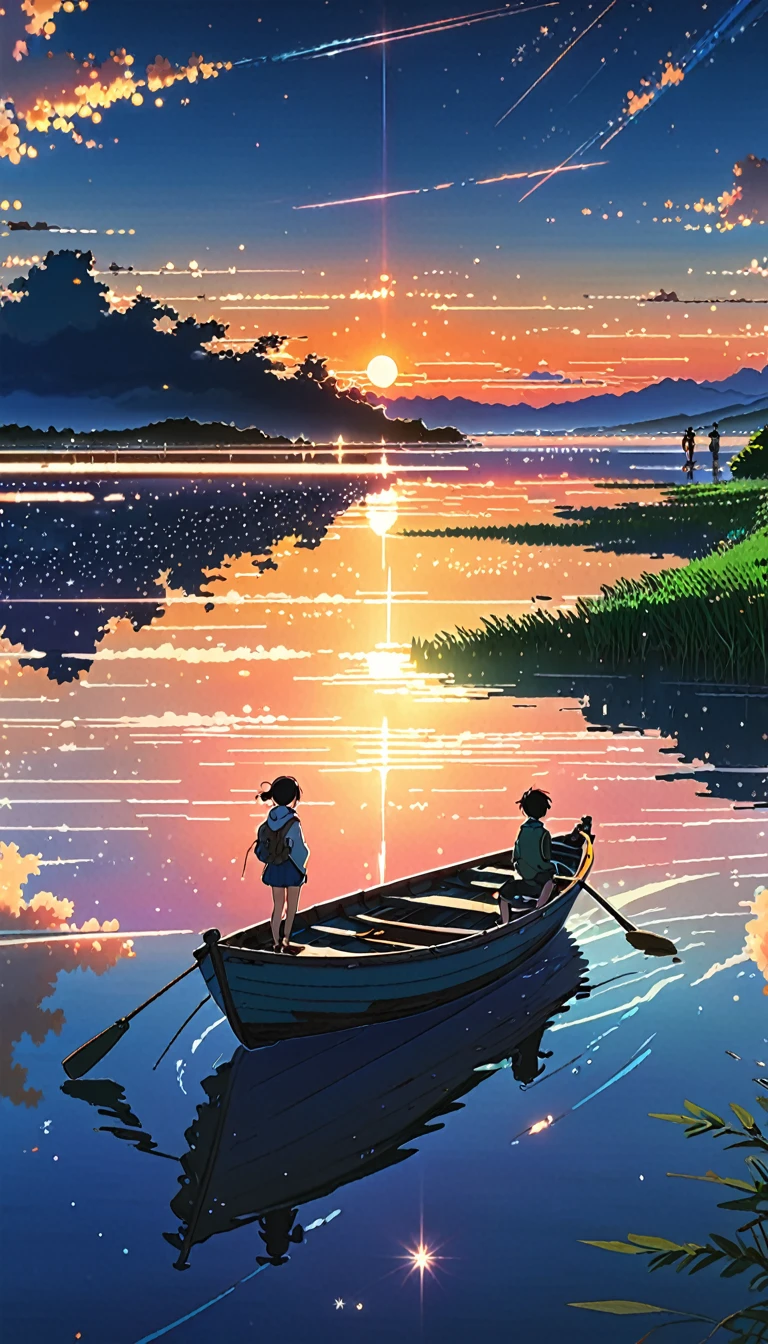 Stars, people standing in a boat and sunset animation setting, Space Sky. por Makoto Shinkai, Makoto Shinkai Cirilo Rolando, Makoto Shinkai. —h 2160, ( ( Makoto Shinkai ) ), Estilo de Makoto Shinkai, Makoto Shinkai!, por Makoto Shinkai