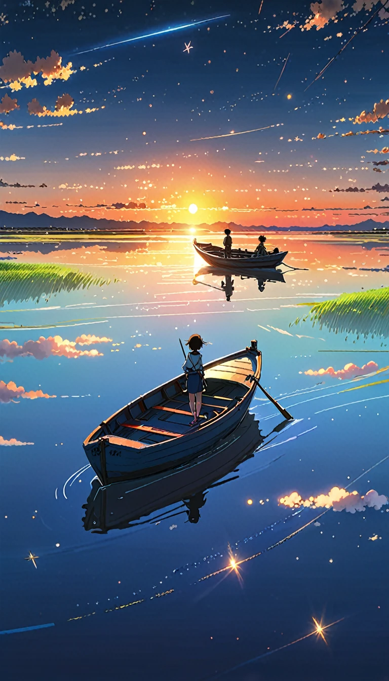 Stars, people standing in a boat and sunset animation setting, Space Sky. por Makoto Shinkai, Makoto Shinkai Cirilo Rolando, Makoto Shinkai. —h 2160, ( ( Makoto Shinkai ) ), Estilo de Makoto Shinkai, Makoto Shinkai!, por Makoto Shinkai