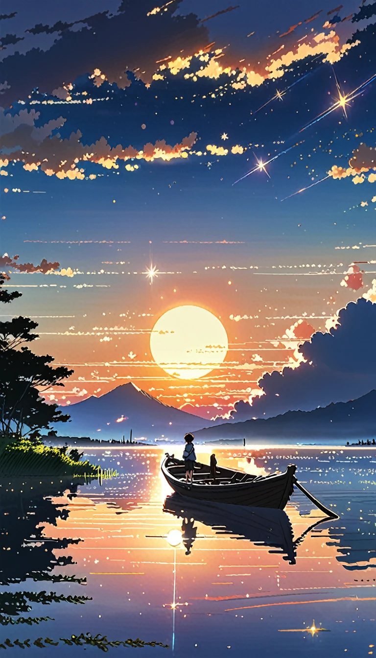 Stars, people standing in a boat and sunset animation setting, Space Sky. por Makoto Shinkai, Makoto Shinkai Cirilo Rolando, Makoto Shinkai. —h 2160, ( ( Makoto Shinkai ) ), Estilo de Makoto Shinkai, Makoto Shinkai!, por Makoto Shinkai