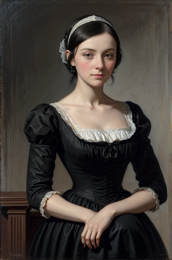 a painting of a short black hair, woman in a black dress ,inspired by Friedrich von Amerling, florence nightingale, portrait of a mid 1 9 th century, victorian female portrait, hammershøi, 1 8 5 0 s style painting, portrait of a young women, portrait of young woman, 1 8 3 0 s style painting, portrait of a young woman