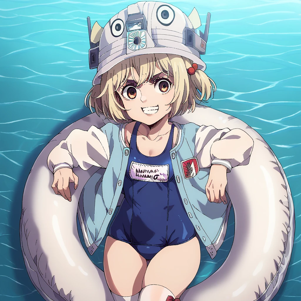 shingeki_no_kyojin_s4_style, portrait, solo, liternikkebase, school swimsuit, name tag, white helmet, hair bobbles, white jacket, open jacket, puffy long sleeves, collarbone, white thighhighs, innertube, holding innertube, grin, looking at viewer