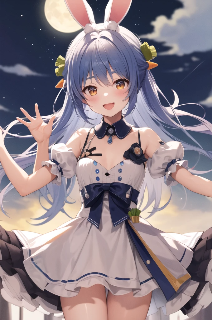 masterpiece、Highest quality、High resolution、One person、Center of chest、Cowboy Shot、smile、Open your mouth、Night Sky、There is a moon、Idol Dress、Juliet Sleeve、Short sleeve、mini skirt、wave hands、Bunny ears、Hair carrot、refer to５Book、Exact number of arms、