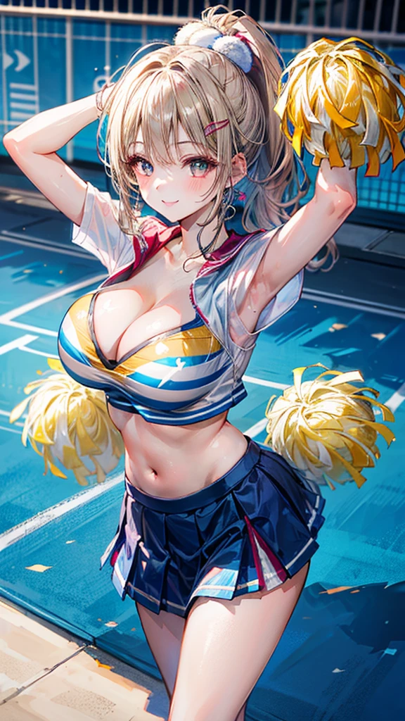 (solo:1.3), (1 skinny cheerleader rooting for viewer:1.2), (violently bouncing large breasts:1.2), cleavage, (dancing violently:1.2), shaking chest, open legs, BREAK, (short cheer uniform), sleeveless, bared stomach, (flapping too short skirt), show off thigh gap, long skinny legs, bared legs, skinny too narrow waist, very short torso, BREAK, nsfw, orgasm, heavy breathing, pussy juice, (coverd erectile nipples), (forced smile but feeling fear)