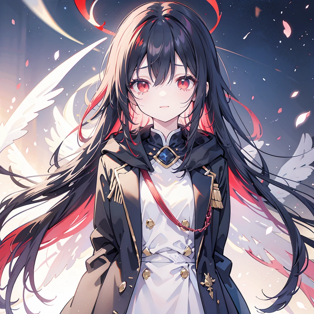 (((Fantasy　Black Hair　Dye the inside of your hair red　Long Hair　Dull red eyes　Cat ear　Beastman　Pad)))　((I have a crystal　uniform　Put on a coat without putting your arms through it　Wings many times larger than mine　Center close-up))　((Smile　gloves))　(Light　star)　Catch the wind　Shining Background　Lightの粒子, rainbow colored edges