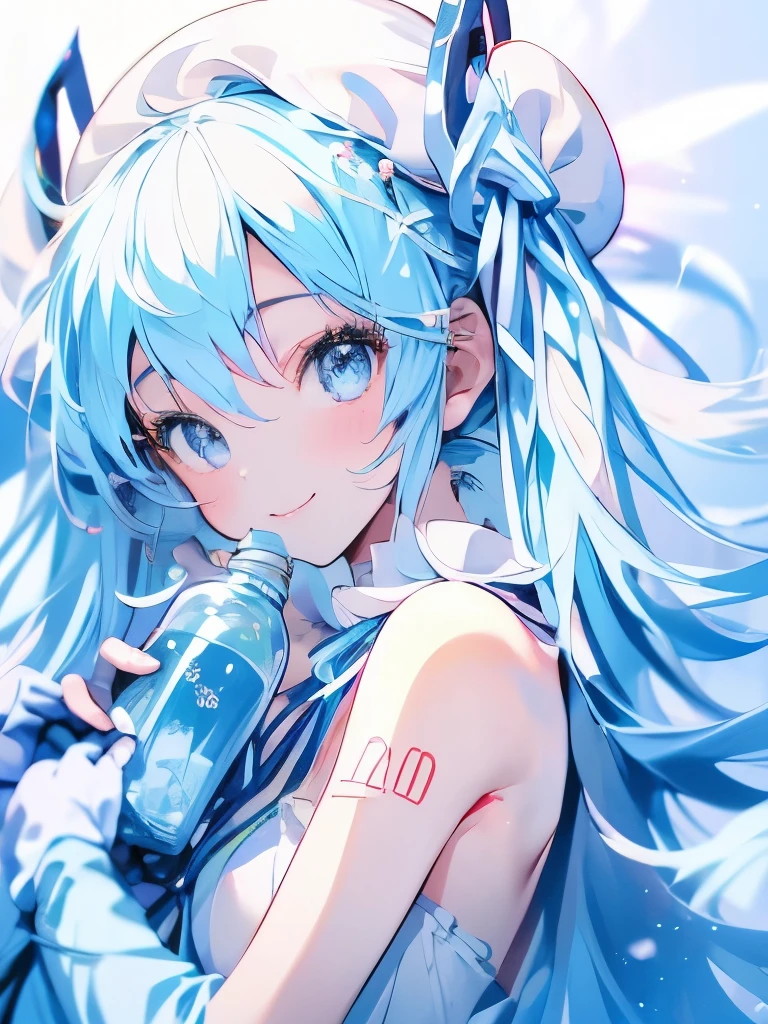 masterpiece、Hatsune Miku、Light blue hair、Long Hair、(((Blue ribbon)))、((White Beret))、white and blue dress、Sparkling eyes、smile、(Holding a plastic bottle)、Upper Body