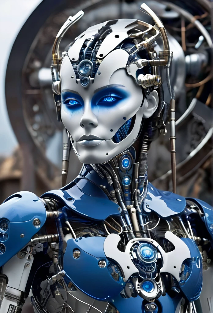 a futuristic cyborg with a human-like body and face constructed from sleek metal and mechanical parts. The cyborg should be depicted facing front, with its blue eyes glowing brightly to convey an otherworldly presence. Its metal components should be intricately detailed, with visible seams and rivets that add to the realism of the depiction.

The background of the image should reflect a post-apocalyptic era, with desolate landscapes and ruins stretching into the distance. The sky should be tinged with an ominous hue, hinting at the cataclysmic events that have reshaped the world. The overall atmosphere should evoke a sense of both awe and dread, highlighting the contrast between the advanced technology of the cyborg and the bleakness of its surroundings.

Lens Description:

The photograph should be taken with a lens that captures the intricate details of the cyborg's metal components, enhancing the sharpness and clarity of the image. The lens should also emphasize the contrast between the cyborg's futuristic appearance and the desolate backdrop, adding depth and drama to the scene. This image should evoke a sense of wonder and intrigue, inviting viewers to ponder the possibilities of a post-apocalyptic future where humanity and technology converge