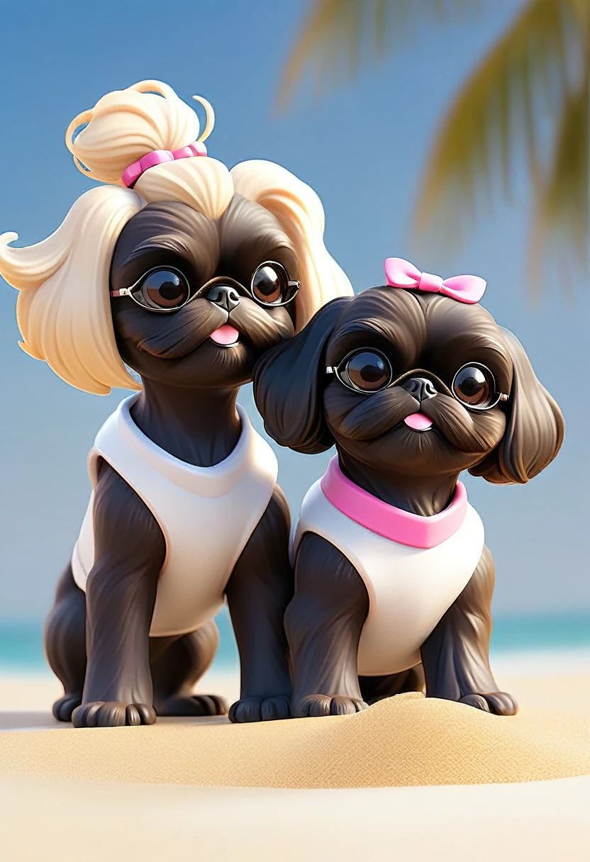 2 adorable small black shih tzu puppies, wearing bright bandanas and sunglasses, painting and making a mess, disney background, 3d cartoon, 3d render, disney pixar style, intricate details, soft lighting, vibrant colors, whimsical, photorealistic, 8k, best quality