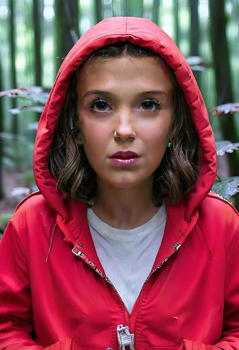 Millie Bobby Brown, mbb, wearing a red jacket and a hood in a dark forrest, horror style, stranger things, netflix, (( millie bobby brown )) , eleven