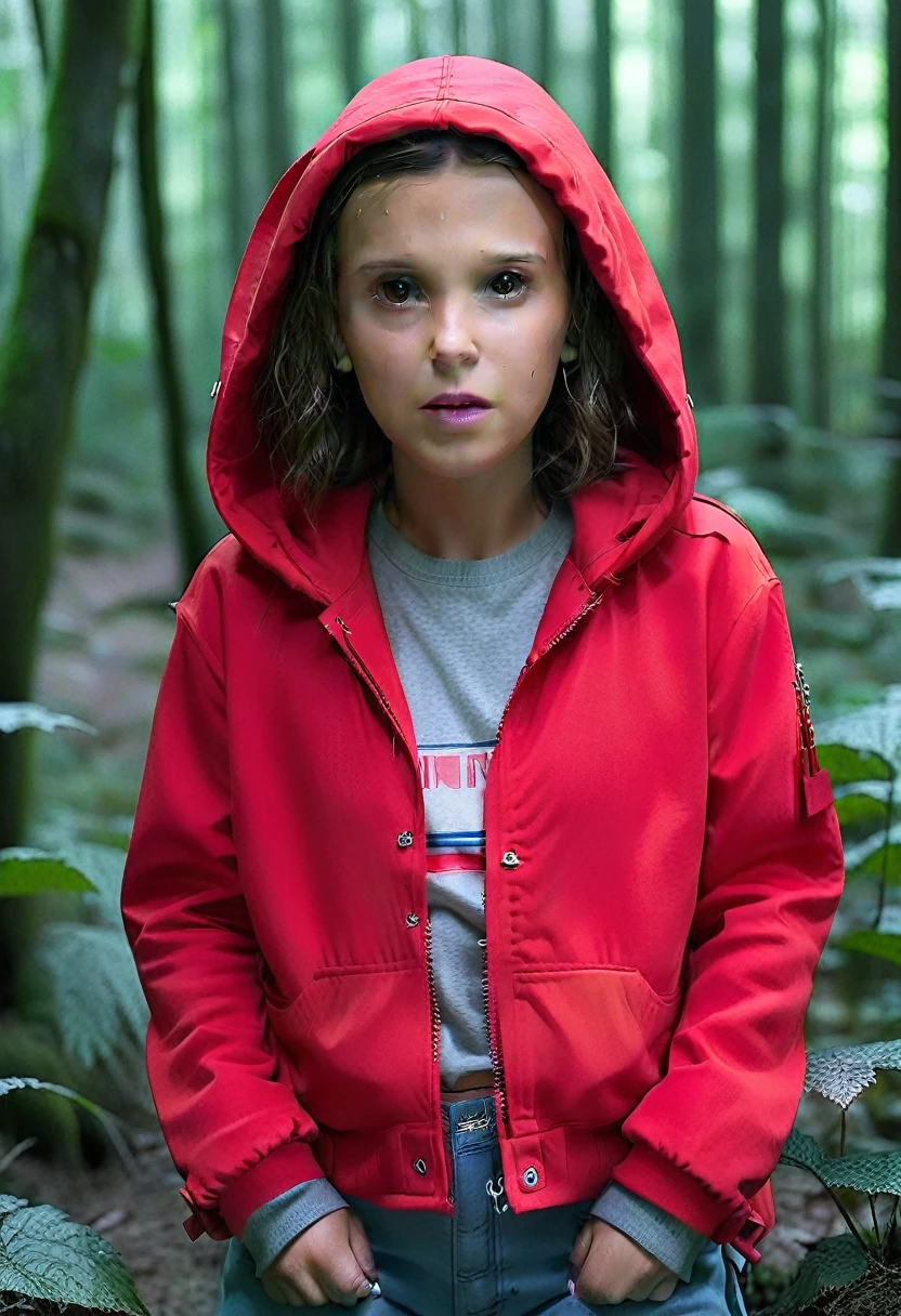 Millie Bobby Brown, mbb, wearing a red jacket and a hood in a dark forrest, horror style, stranger things, netflix, (( millie bobby brown )) , eleven