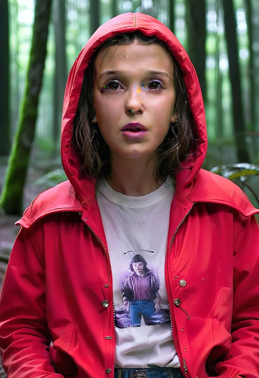 Millie Bobby Brown, mbb, wearing a red jacket and a hood in a dark forrest, horror style, stranger things, netflix, (( millie bobby brown )) , eleven