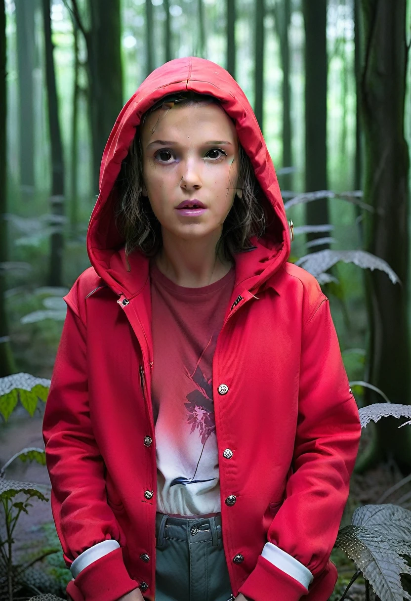 Millie Bobby Brown, mbb, wearing a red jacket and a hood in a dark forrest, horror style, stranger things, netflix, (( millie bobby brown )) , eleven