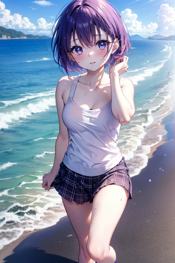 Harunasairenji, Haruna Sairenji, hair ornaments, (Purple eyes:1.1), Purple Hair, short hair, smile,blush,Open your mouth,Sweat,White Tank Top,Long skirt,Cute Sandals,Standing with hands on knees,whole bodyがイラストに入るように,
break outdoors, Sandy Beach,Coastal Road,
break looking at viewer,whole body,
break (masterpiece:1.2), Highest quality, High resolution, unity 8k wallpaper, (shape:0.8), (Fine and beautiful eyes:1.6), Highly detailed face, Perfect lighting, Highly detailed CG, (Perfect hands, Perfect Anatomy),