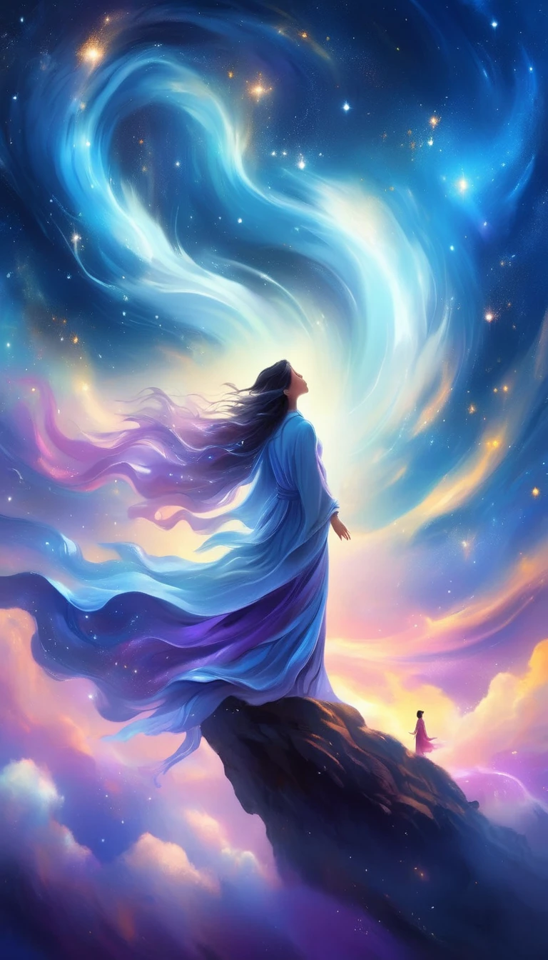 A beautiful woman standing on a cliff looking up at the starry sky, （Beautiful silhouette），Surrounded by a vortex of cosmic energy，Shrouded in a dreamy mist。Figure in flowing robe.，elegant，Light，Become one with the flow of heaven and earth。The sky is a tapestry of deep purples and blues，星Light点缀，The scenery below suggests softness、Rolling mountains，Astral Ether, Fantastic numbers, ethereal essence, Ethereal fantasy, Ethereal Beauty, Digital Art Fantasy, Beautiful fantasy painting, Beautiful fantasy art, Stunning fantasy art, Inspired by Cyril Rolando (Cyril Rolando), Fantasy art style, Gently rotating magical energy, Fantasy Numbers, Fantasy Numbers艺术, Empty Mind, of Ethereal fantasy，Artistic beauty，Gold Line。Track gold。