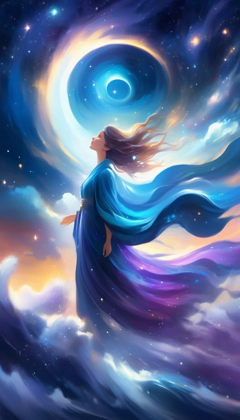 A beautiful woman standing on a cliff looking up at the starry sky, （Beautiful silhouette），Surrounded by a vortex of cosmic energy，Shrouded in a dreamy mist。Figure in flowing robe.，elegant，Light，Become one with the flow of heaven and earth。The sky is a tapestry of deep purples and blues，星Light点缀，The scenery below suggests softness、Rolling mountains，Astral Ether, Fantastic numbers, ethereal essence, Ethereal fantasy, Ethereal Beauty, Digital Art Fantasy, Beautiful fantasy painting, Beautiful fantasy art, Stunning fantasy art, Inspired by Cyril Rolando (Cyril Rolando), Fantasy art style, Gently rotating magical energy, Fantasy Numbers, Fantasy Numbers艺术, Empty Mind, of Ethereal fantasy，Artistic beauty，Gold Line。Track gold。